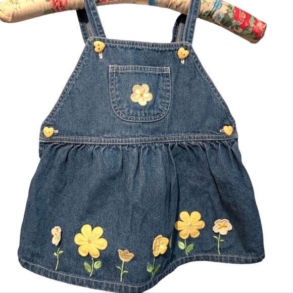 Vintage Infant Girls Blue‎ Denim Floral Embroidered Overall Dress - Picture 1 of 6